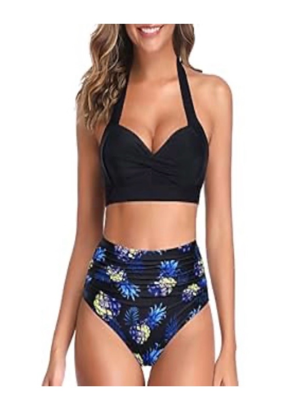 Black Halter Bikini Top with Black High-Waist Pineapple Print Bottom